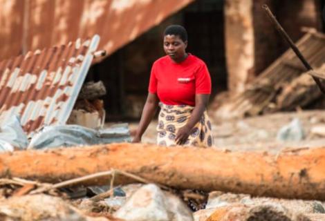 Director of Chigwirizano Women’s Movement and Action Aid partner Loveness Chiwaya is seen moving around Nkhulambe village, inspecting damage in the aftermath of Tropical Cyclone Freddy in Nkhulambe Village
