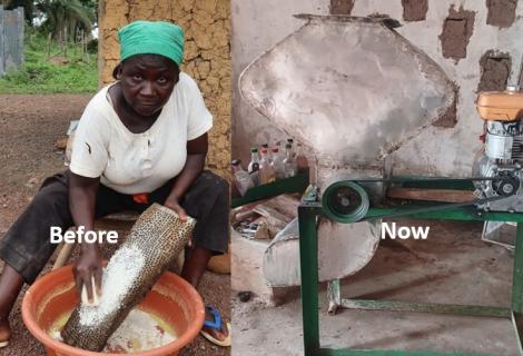Julie Jearue displays the physical process they once went through using hands to grind cassava