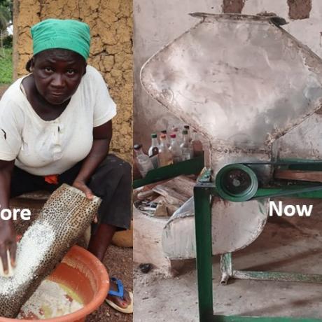 Julie Jearue displays the physical process they once went through using hands to grind cassava