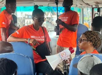 Inside Mobile Cafe. Young people discuss issues of the day during the free ride session.